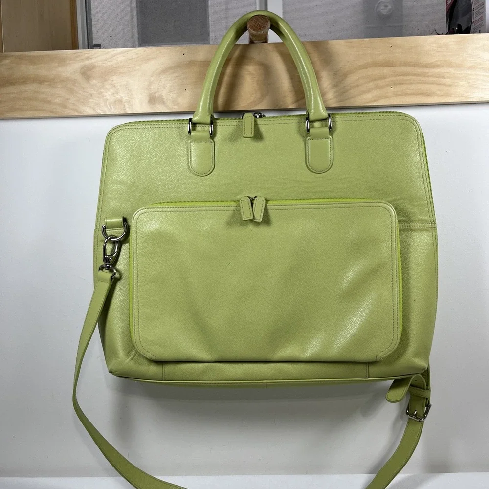 Levenger Blair Expandable Briefbag Green Leather Laptop Bag Purse Office Career